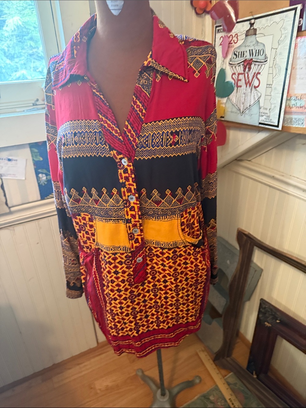 Tracy Reese Red, Yellow & Black Patterned Button-Front Dress